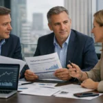Office discussion with professionals reviewing business projections and reports.